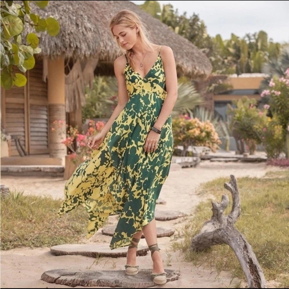 Sundance Soliloquies Dress M Citron Yellow Green Floral Asymmetrical Boho Resort